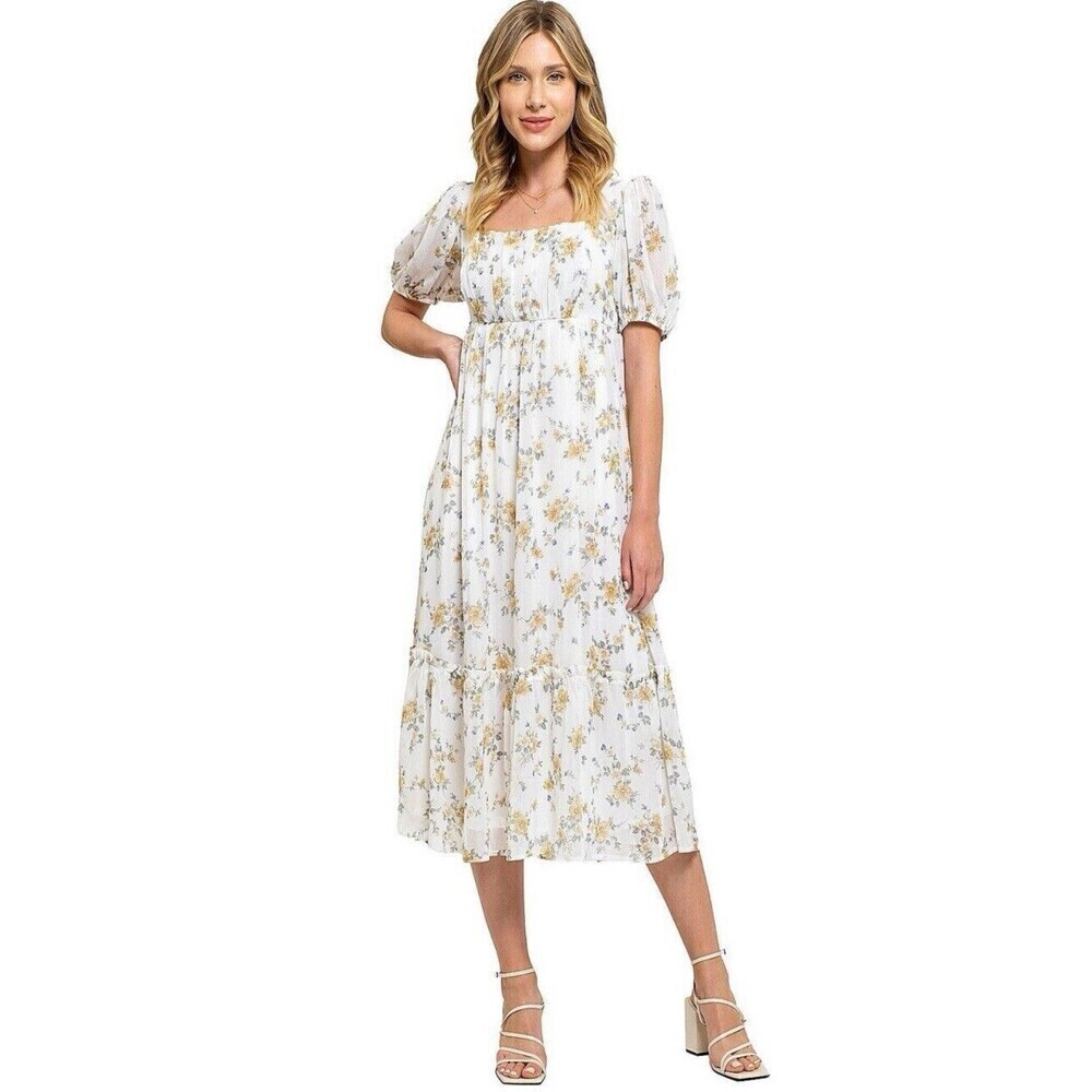 Floral Midi Dress with Puff Sleeves